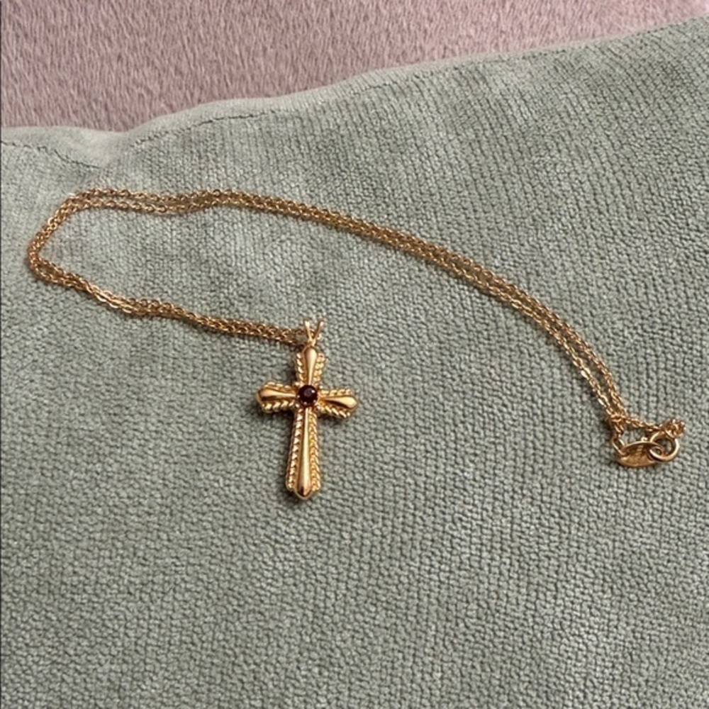 Avon Gold Cross Necklace with Garnet gemstone